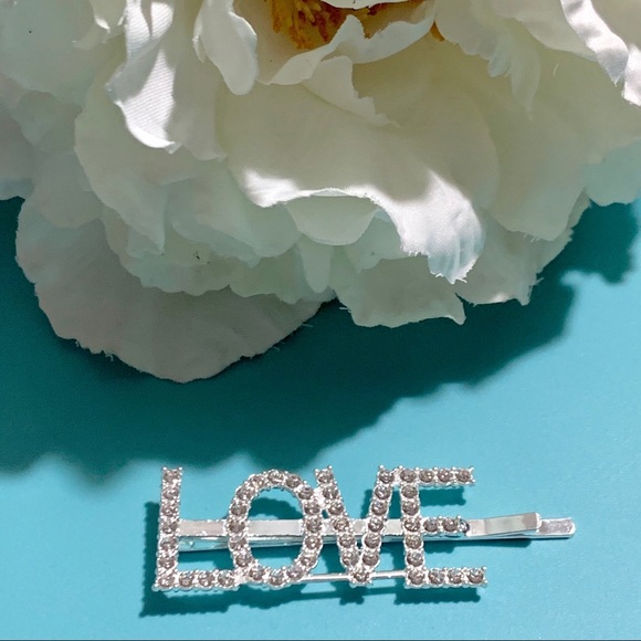 Rhinestone Words Love Silver Hair Clip - Picture 2 of 9